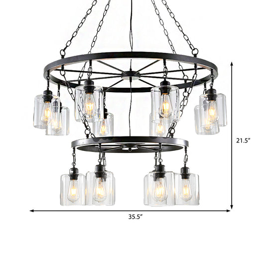 Industrial Clear Glass Cylinder Chandelier – Black 6/14 Light Hanging Fixture For Dining Room