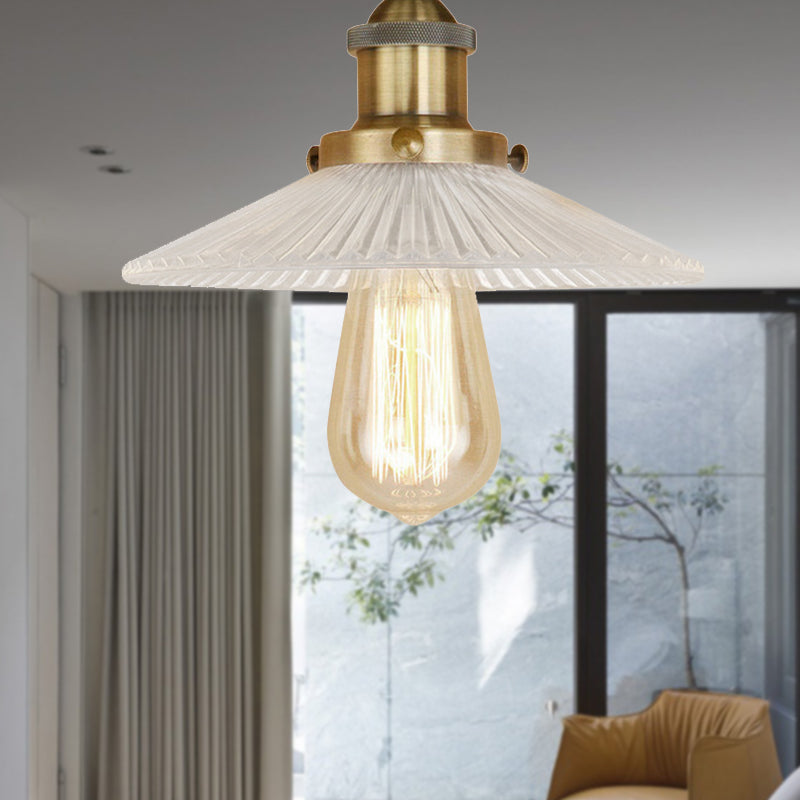 Semi Mount Ribbed Glass Cone Ceiling Light In Black/Brass/Copper - Industrial Style For Living Room