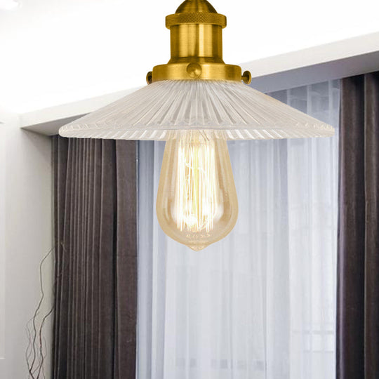 Semi Mount Ribbed Glass Cone Ceiling Light In Black/Brass/Copper - Industrial Style For Living Room