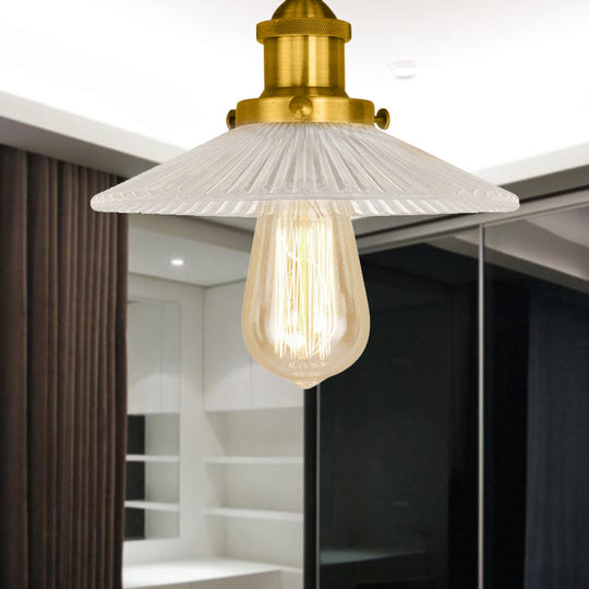 Semi Mount Ribbed Glass Cone Ceiling Light In Black/Brass/Copper - Industrial Style For Living Room