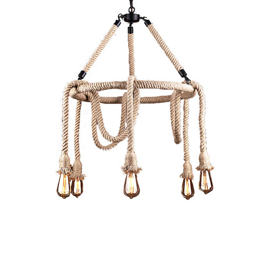 Industrial Beige Rope Chandelier - Exposed Bulbs 6/8 Lights Ideal For Dining Room