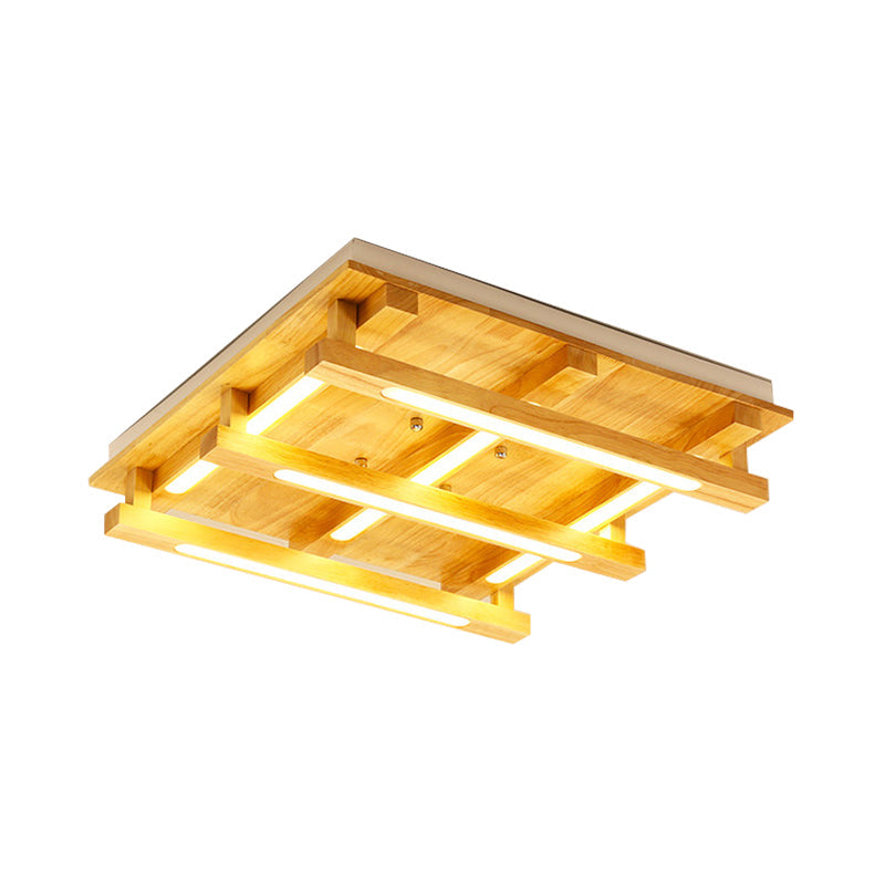 Led Flush Ceiling Light With Square Wood Shade - Modernist Brown Finish For Living Room (1/4/9
