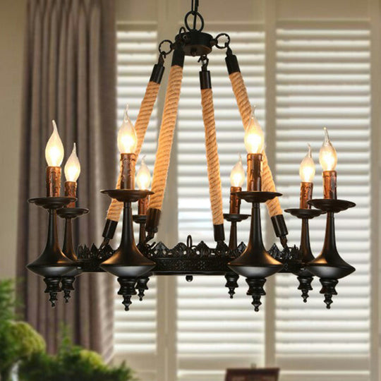 Rustic Metal And Rope Pendant Chandelier With 3/6/8 Lights - Black Candle Dining Room Hanging