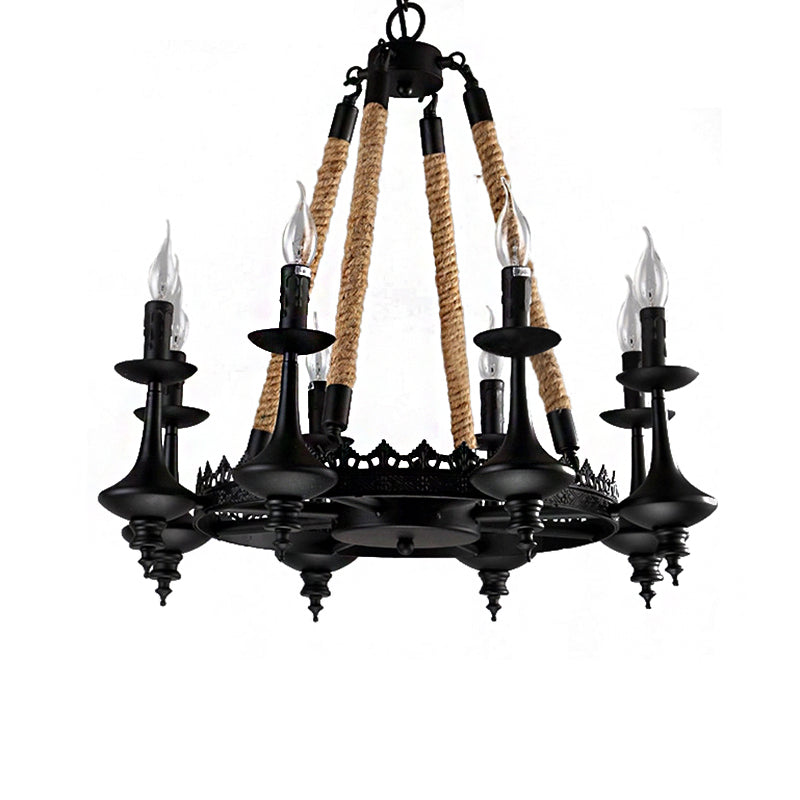 Rustic Metal And Rope Pendant Chandelier With 3/6/8 Lights - Black Candle Dining Room Hanging
