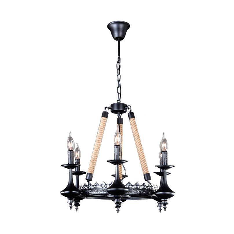 Rustic Metal And Rope Pendant Chandelier With 3/6/8 Lights - Black Candle Dining Room Hanging