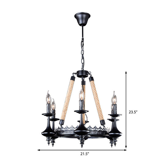 Rustic Metal And Rope Pendant Chandelier With 3/6/8 Lights - Black Candle Dining Room Hanging