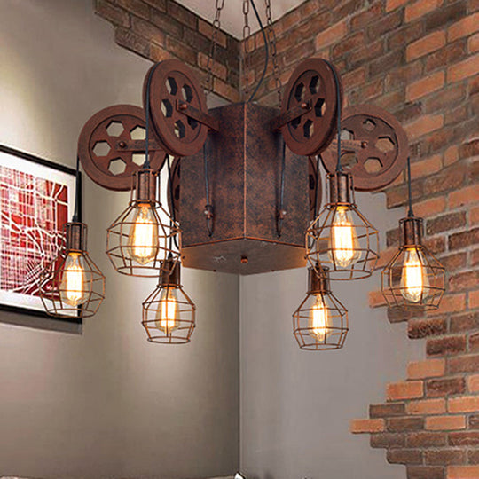 Industrial Metal Rust Pendant Lamp With Caged Globe - 4/6 Light Chandelier Fixture And Gear