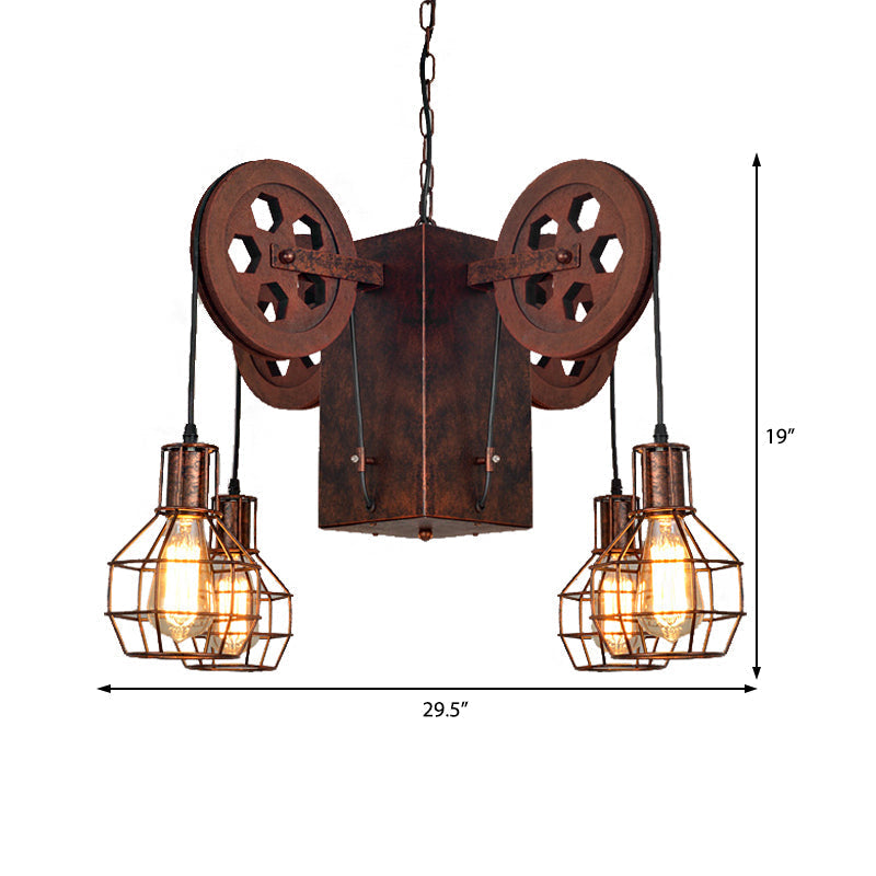 Industrial Metal Rust Pendant Lamp With Caged Globe - 4/6 Light Chandelier Fixture And Gear