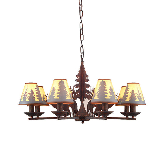 Industrial Cone Metal & Fabric Chandelier - 3/5/8 Light Pendant Lighting For Dining Room In Rust