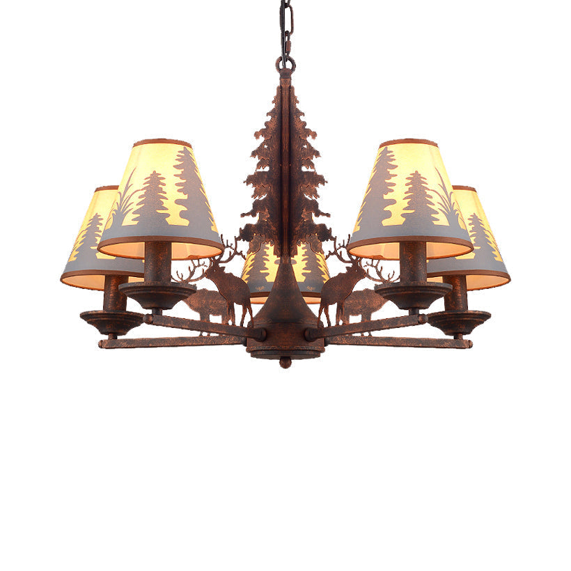 Industrial Cone Metal And Fabric Chandelier - Rust Finish 3/5/8 Light Pendant Lighting For Dining