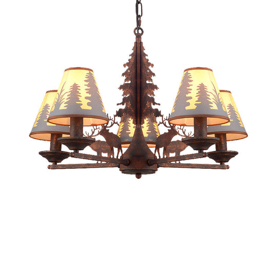 Industrial Cone Metal And Fabric Chandelier - Rust Finish 3/5/8 Light Pendant Lighting For Dining
