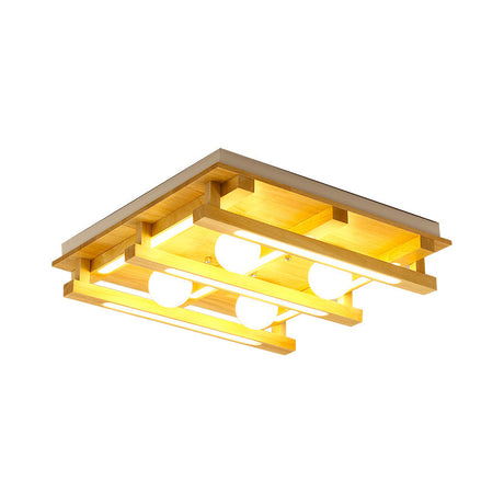 Modern Square Wood Flush Mount Lamp With Led Lights - Brown Ceiling Light Fixture White Glass Ball