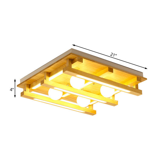 Modern Square Wood Flush Mount Lamp With Led Lights - Brown Ceiling Light Fixture White Glass Ball