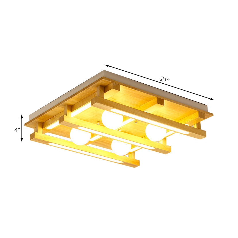 Modern Square Wood Flush Mount Lamp With Led Lights - Brown Ceiling Light Fixture White Glass Ball
