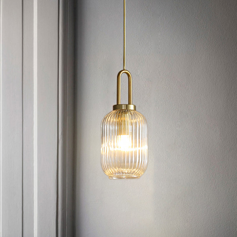 Modernist Gold Glass Pendant Light - Clear Ribbed Cylindrical/Drum/Globe Design 1 6’/8’/12’