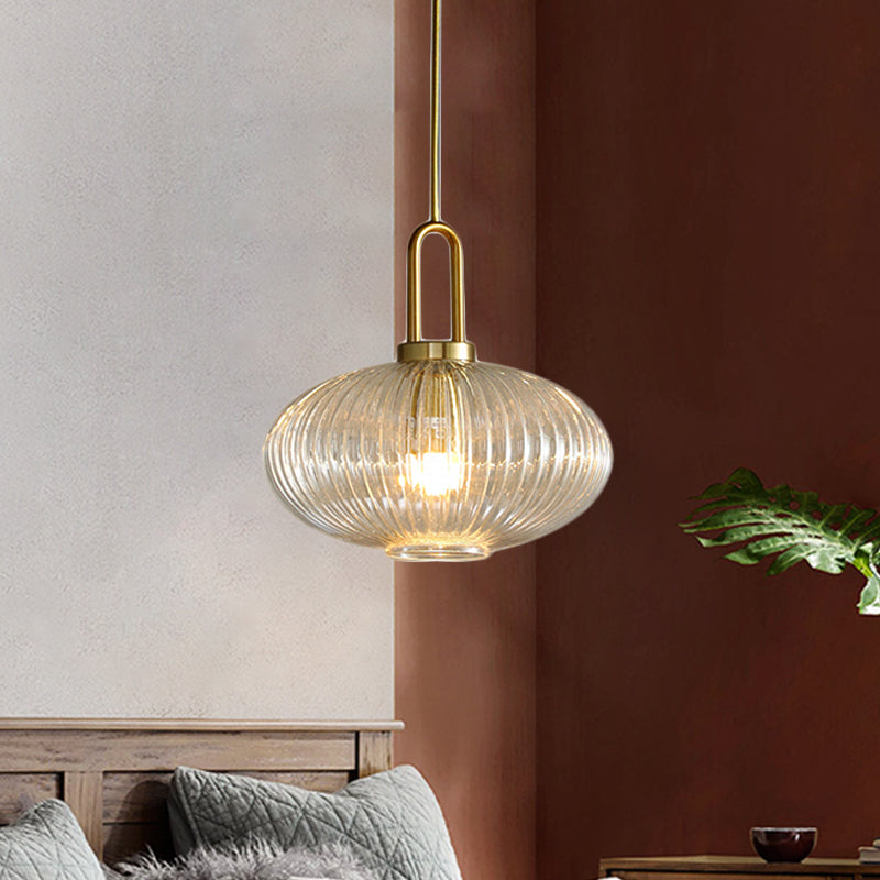 Modernist Gold Glass Pendant Light - Clear Ribbed Cylindrical/Drum/Globe Design 1 6’/8’/12’