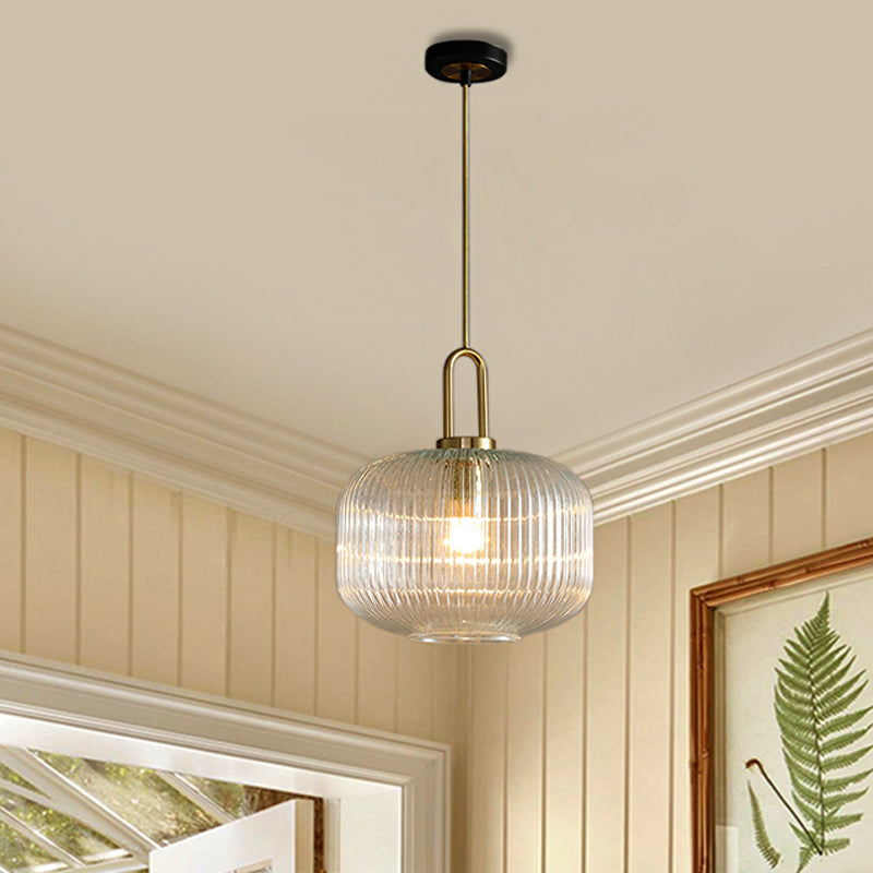 Modernist Gold Glass Pendant Light - Clear Ribbed Cylindrical/Drum/Globe Design 1 6’/8’/12’