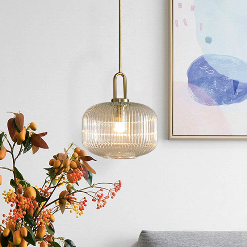 Modernist Gold Glass Pendant Light - Clear Ribbed Cylindrical/Drum/Globe Design 1 6’/8’/12’