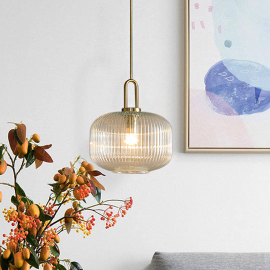 Modernist Gold Glass Pendant Light - Clear Ribbed Cylindrical/Drum/Globe Design 1 6’/8’/12’
