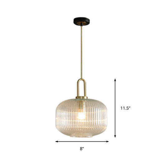 Modernist Gold Glass Pendant Light - Clear Ribbed Cylindrical/Drum/Globe Design 1 6’/8’/12’