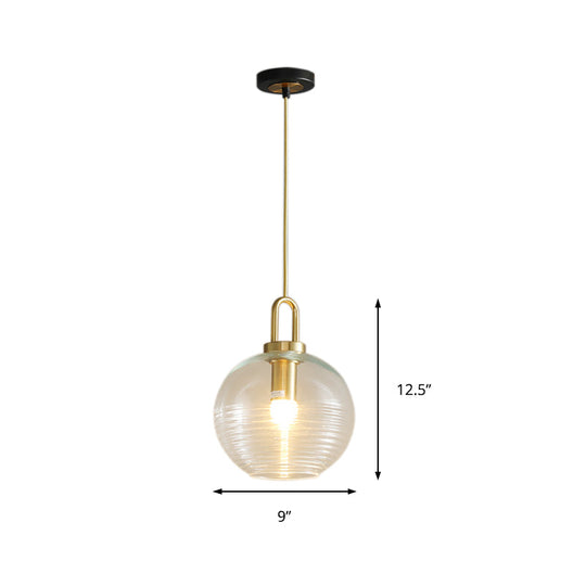 Modernist Gold Glass Pendant Light - Clear Ribbed Cylindrical/Drum/Globe Design 1 6’/8’/12’