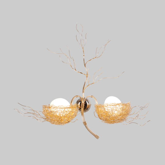 Modern White Glass Egg Sconce With Gold Nest Design - Wall Mounted Bedside Light 19.5/25.5 Wide