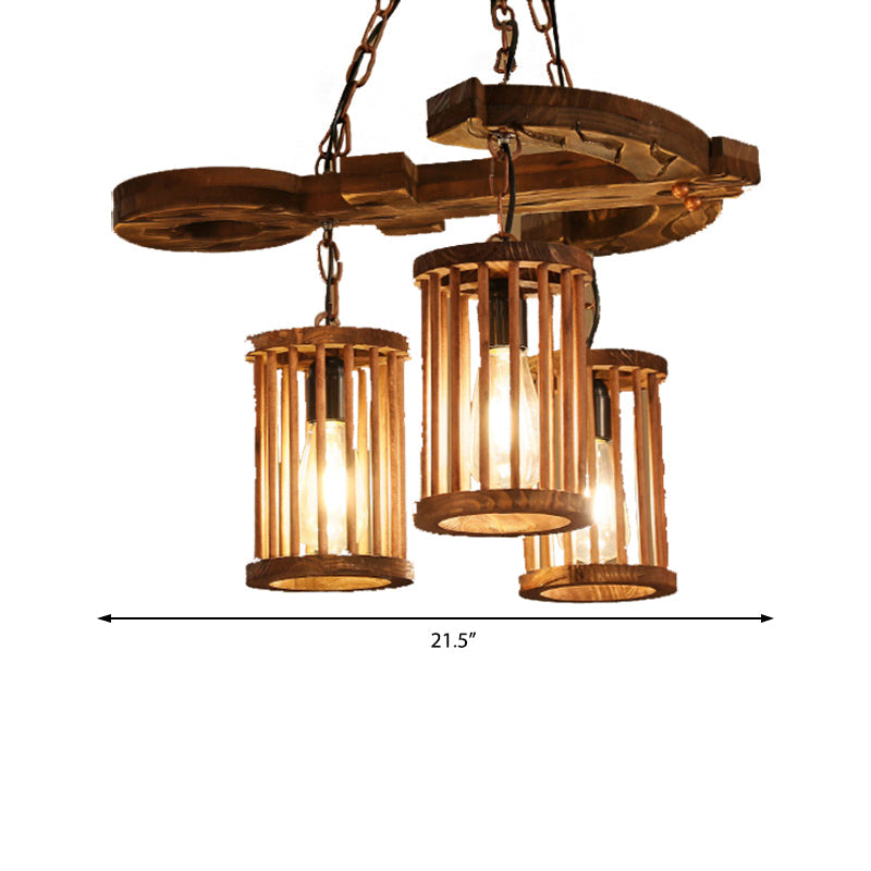 Industrial 3-Light Wood Chandelier Pendant With Cylinder Shade And Chain - Perfect For Dining Rooms