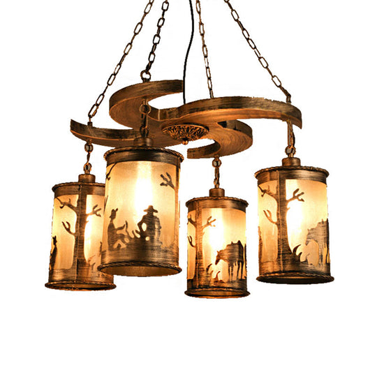 Vintage Bronze 4-Light Cylinder Chandelier: Metal Dining Room Hanging Lamp With Wooden Shelf And