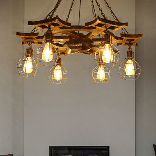 Vintage Bronze Metal Globe Chandelier - 6 Bulbs Hanging Ceiling Fixture With Cage