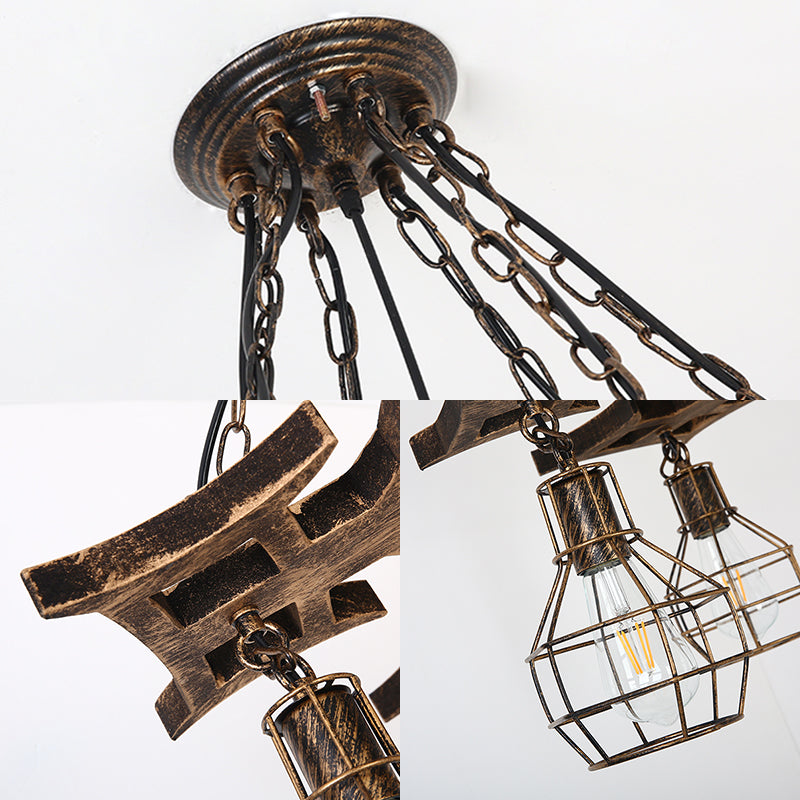 Vintage Bronze Metal Globe Chandelier - 6 Bulbs Hanging Ceiling Fixture With Cage