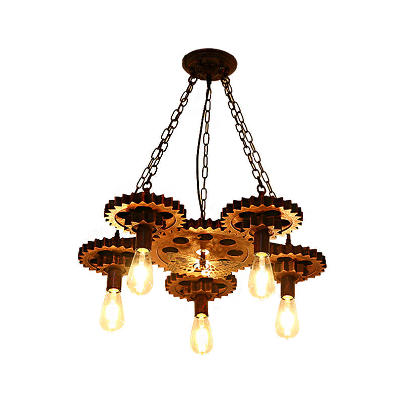 Industrial Wagon Wheel Pendant Lamp - Metal Rust Finish | 5-Light Chandelier With Chain