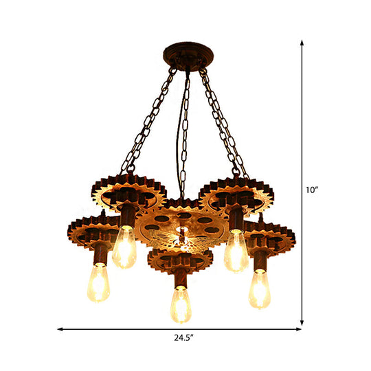 Industrial Wagon Wheel Pendant Lamp - Metal Rust Finish | 5-Light Chandelier With Chain
