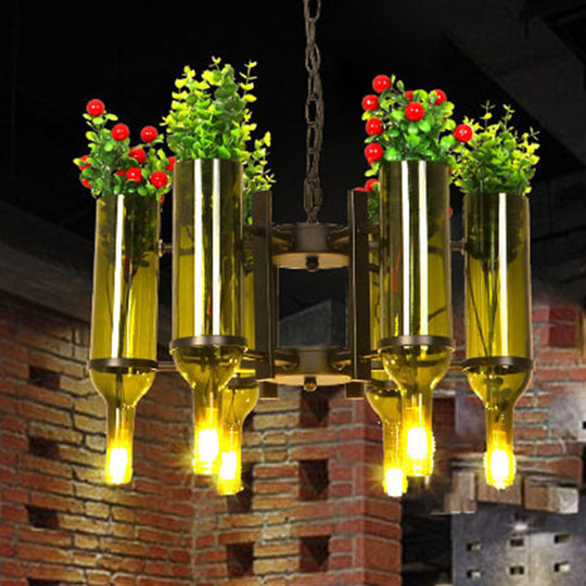 Industrial 6-Light Green Glass Wine Bottle Chandelier: Dining Room Pendant Lighting With Floral
