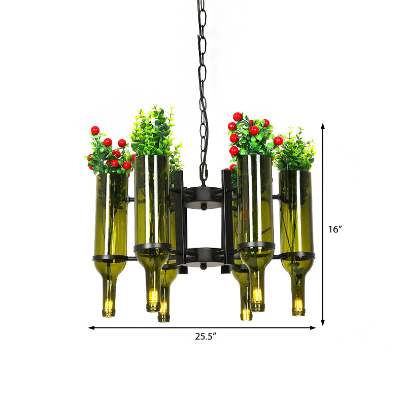 Industrial 6-Light Green Glass Wine Bottle Chandelier: Dining Room Pendant Lighting With Floral