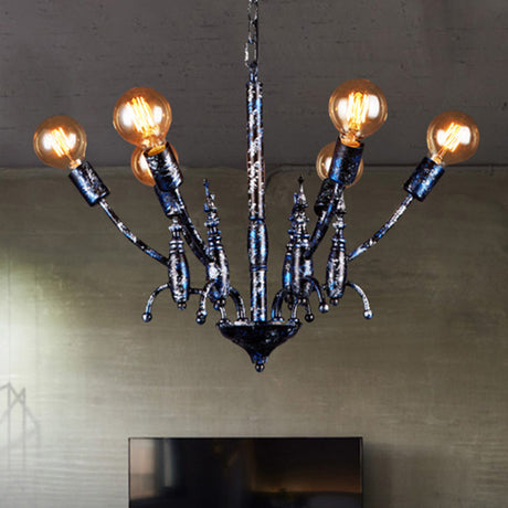 Vintage Black Metal Chandelier With Exposed Bulbs - 6 Lights Pendant Lamp And Sputnik Shade