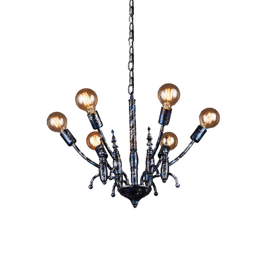 Vintage Black Chandelier With 6 Exposed Bulbs - Metal Pendant Lamp Sputnik Shade