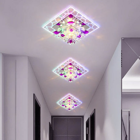Modern Clear Led Flush Light Fixture For Corridor - Crystal Square Design / 3W Multi Color