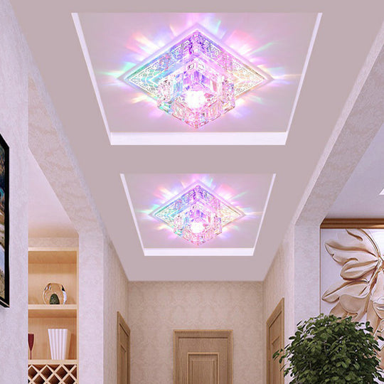 Crystal Led Hallway Flush Mount Light - Minimalist Square Design In Clear