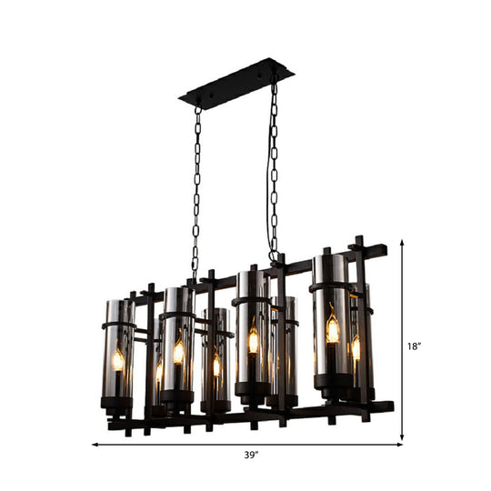 Industrial 8-Light Pendant Lamp In Smoked Glass And Black - Cylinder Chandelier Fixture