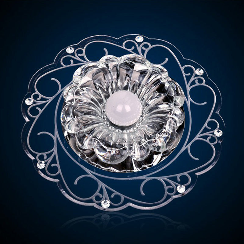 Clear Floral Led Crystal Ceiling Light - Contemporary Flush Mount For Hallways