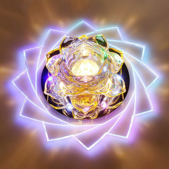 Simplicity Crystal Lotus Led Flush Mount Ceiling Light In Clear Ideal For Corridors / 3W 7 Color