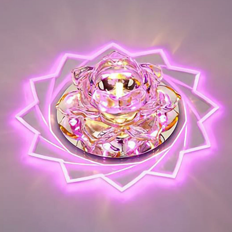 Simplicity Crystal Lotus Led Flush Mount Ceiling Light In Clear Ideal For Corridors / 5W Pink