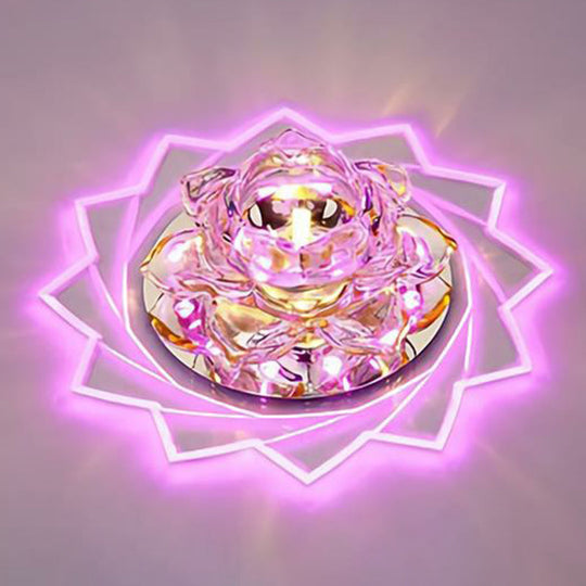 Simplicity Crystal Lotus Led Flush Mount Ceiling Light In Clear Ideal For Corridors / 5W Pink