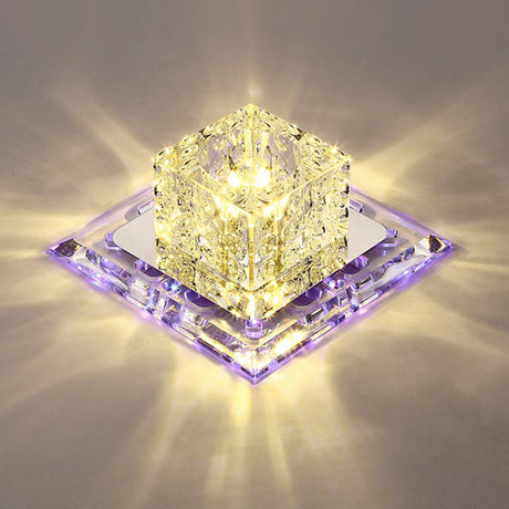 Crystal Clear Led Flush Ceiling Light Fixture For Corridor - Artistic Square Design / 5.5 Purple
