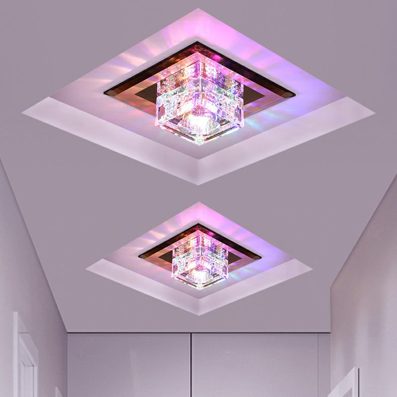 Square Led Crystal Ceiling Light - Modern Flushmount For Hallways Tan / Rgb And White Color