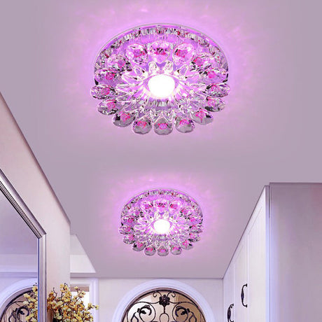 Modern Crystal Led Flush Mount Ceiling Light For Corridor - Purple Flower Design / 5W Pink