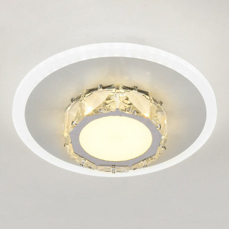 Modern Geometric Flush Ceiling Light With Crystal Detail - Led Hallway Lighting Fixture White /