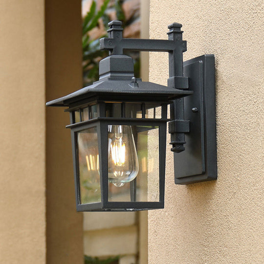 Vintage Aluminium Wall Sconce Lamp With Clear Glass Shade In Textured Black - Single-Bulb Lighting