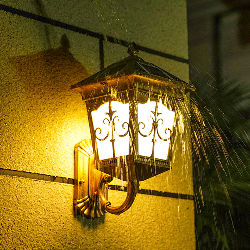 Vintage Courtyard Solar Wall Light - House Shaped Metal Lamp With Frost Glass Shade