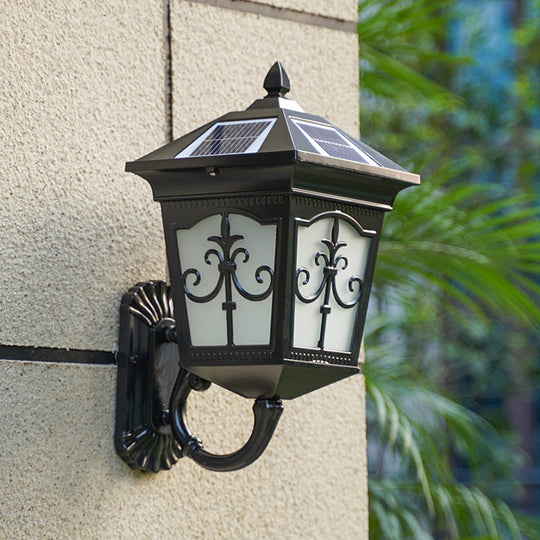 Vintage Courtyard Solar Wall Light - House Shaped Metal Lamp With Frost Glass Shade Black / A